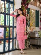 Juniper Women's Peach Floral Printed Cotton Kurta & Pant Set With Lace & Buttons | Grocsy