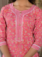 Juniper Women's Peach Floral Printed Cotton Kurta & Pant Set With Lace & Buttons | Grocsy
