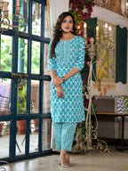 Juniper Women's Teal Ethnic Motif Printed Cotton Kurta & Pants Set With Lace | Grocsy