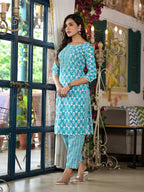 Juniper Women's Teal Ethnic Motif Printed Cotton Kurta & Pants Set With Lace | Grocsy