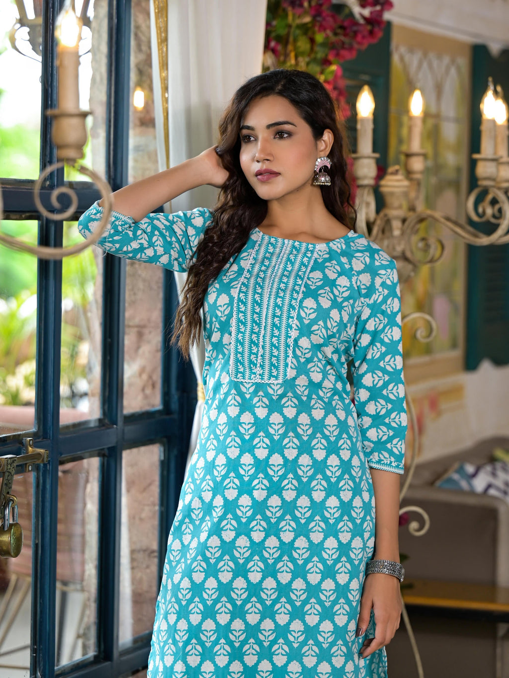 Juniper Women's Teal Ethnic Motif Printed Cotton Kurta & Pants Set With Lace | Grocsy