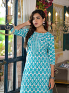 Juniper Women's Teal Ethnic Motif Printed Cotton Kurta & Pants Set With Lace | Grocsy