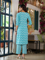 Juniper Women's Teal Ethnic Motif Printed Cotton Kurta & Pants Set With Lace | Grocsy
