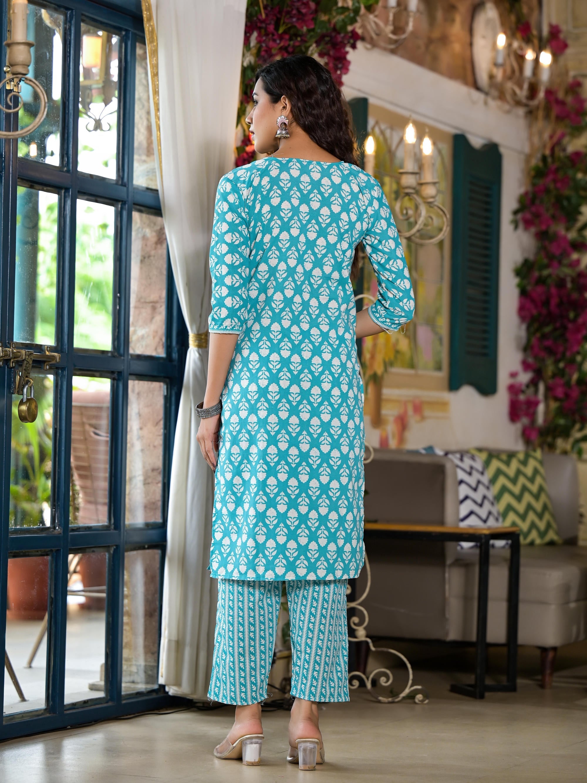 Juniper Women's Teal Ethnic Motif Printed Cotton Kurta & Pants Set With Lace | Grocsy