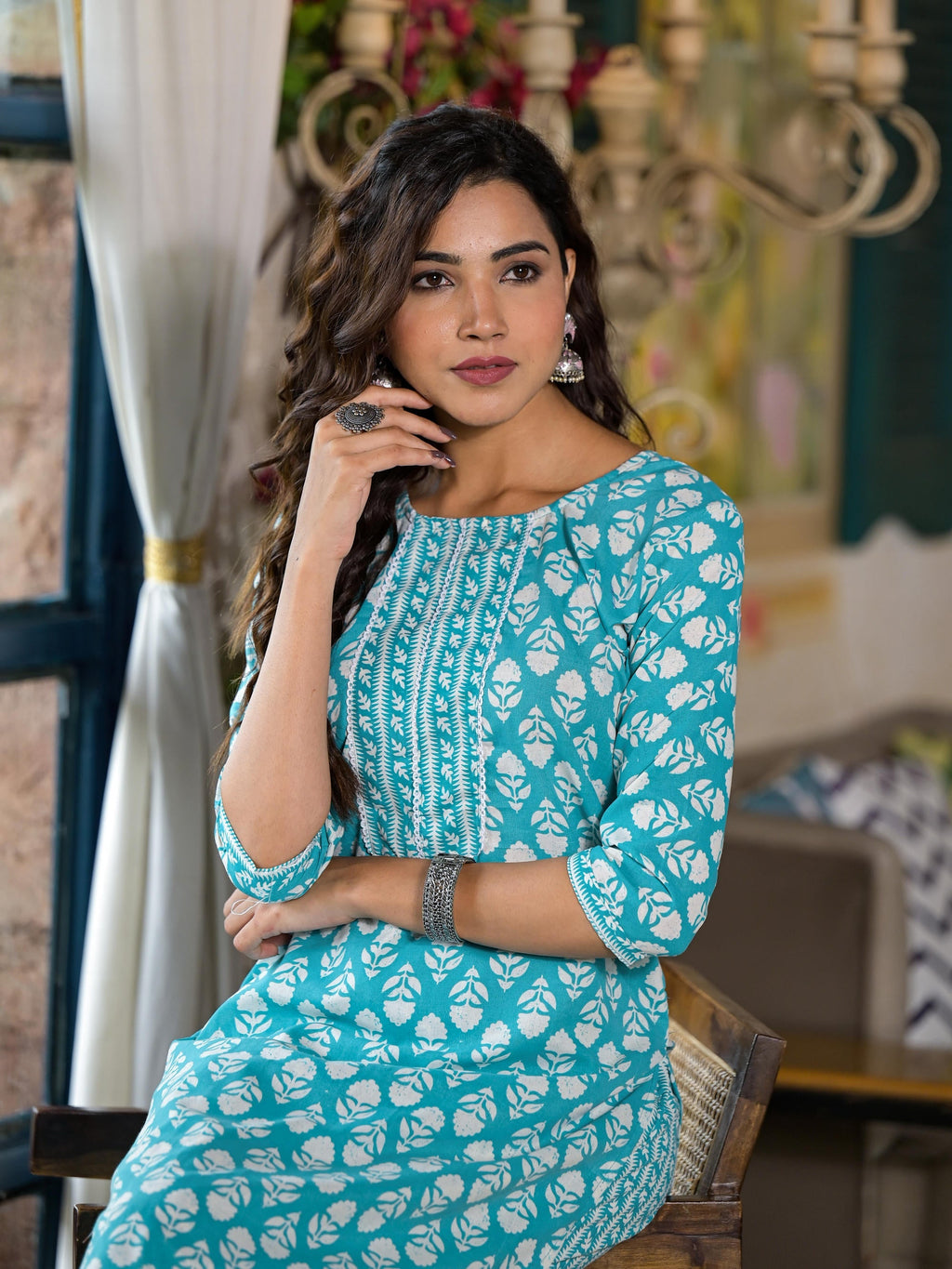 Juniper Women's Teal Ethnic Motif Printed Cotton Kurta & Pants Set With Lace | Grocsy