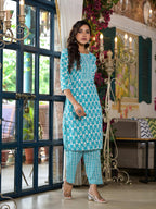 Juniper Women's Teal Ethnic Motif Printed Cotton Kurta & Pants Set With Lace | Grocsy