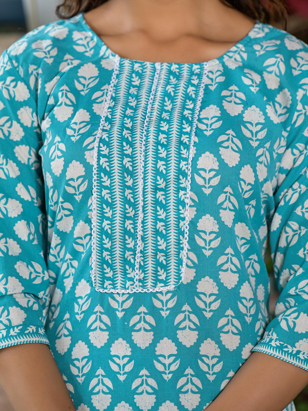 Juniper Women's Teal Ethnic Motif Printed Cotton Kurta & Pants Set With Lace | Grocsy