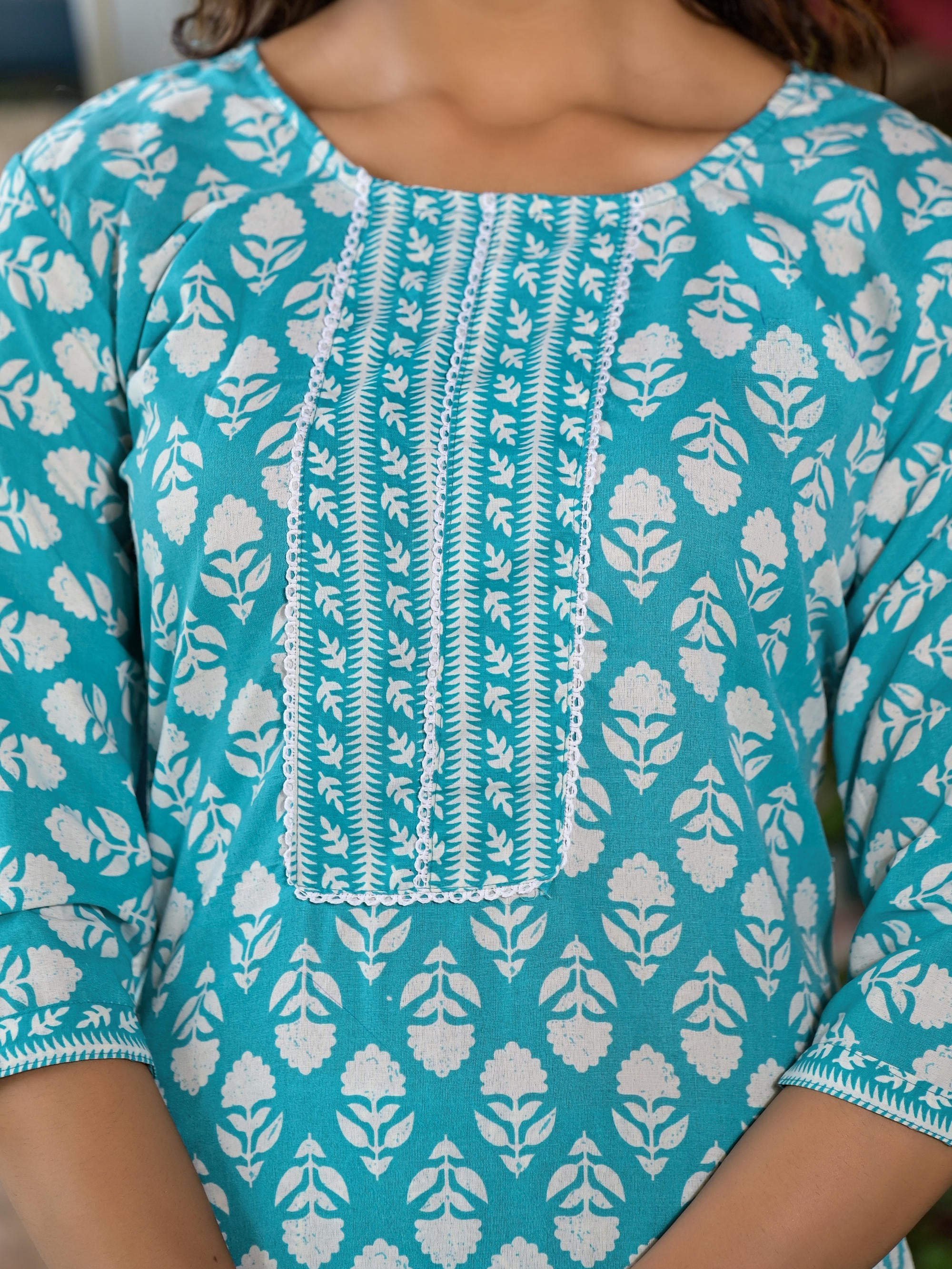 Juniper Women's Teal Ethnic Motif Printed Cotton Kurta & Pants Set With Lace | Grocsy