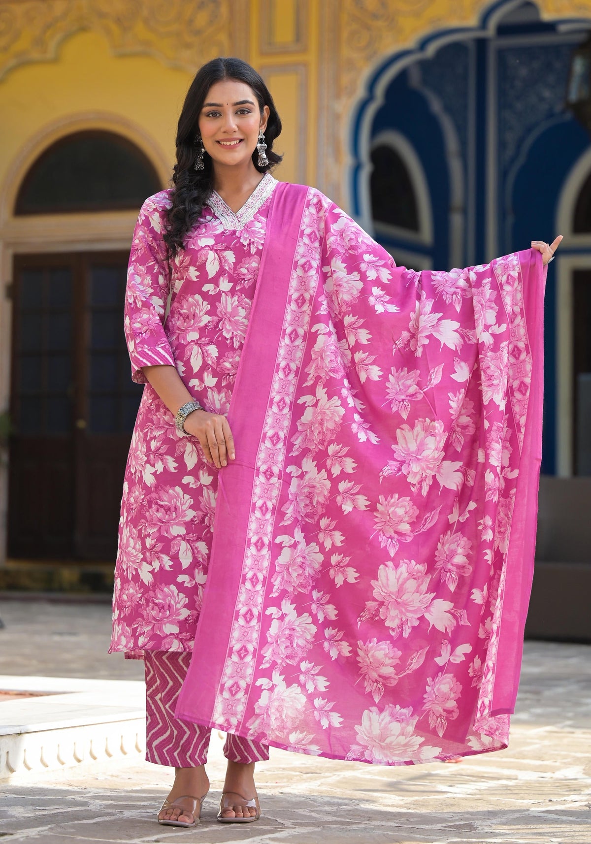 Juniper Women's Pink Cotton Blend Printed Kurta Set | Grocsy