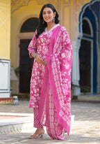 Juniper Women's Pink Cotton Blend Printed Kurta Set | Grocsy