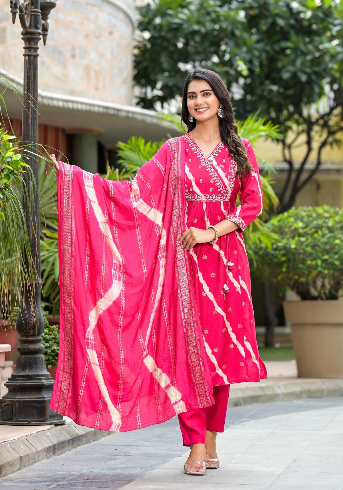 Juniper Women's Pink Lehriya Printed Musline Kurta Set With Mirror Work & Sequins | Grocsy