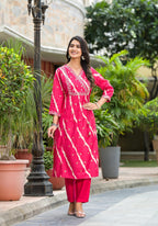 Juniper Women's Pink Lehriya Printed Musline Kurta Set With Mirror Work & Sequins | Grocsy