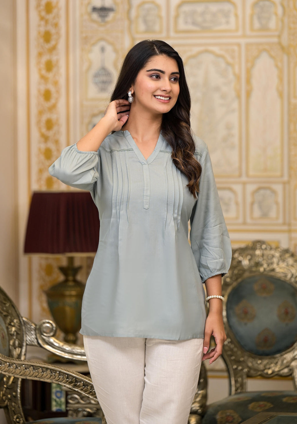 Juniper Women's Grey Solid Rayon Tunic Top With Thread Work | Grocsy