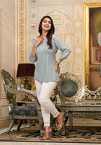 Juniper Women's Grey Solid Rayon Tunic Top With Thread Work | Grocsy