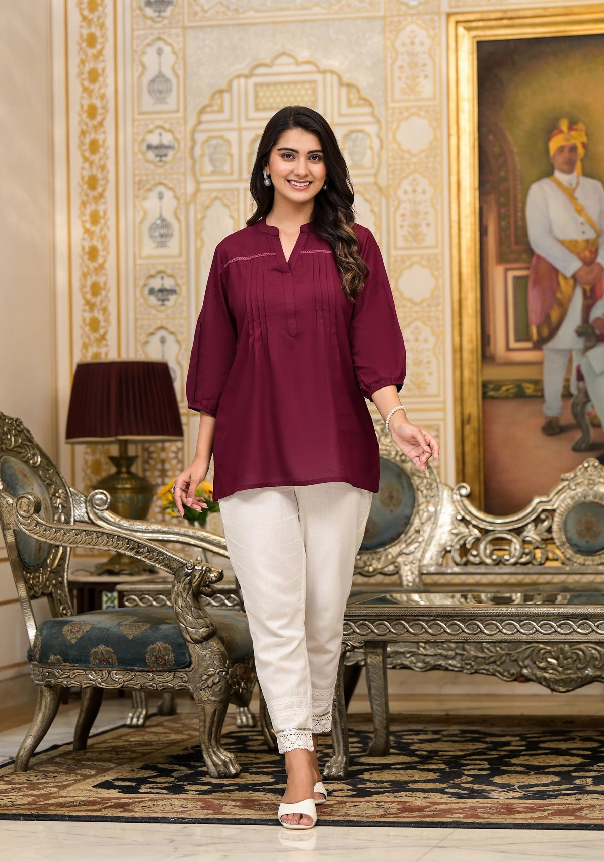 Juniper Women's Wine Solid Rayon Tunic Top With Thread Work | Grocsy