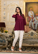 Juniper Women's Wine Solid Rayon Tunic Top With Thread Work | Grocsy