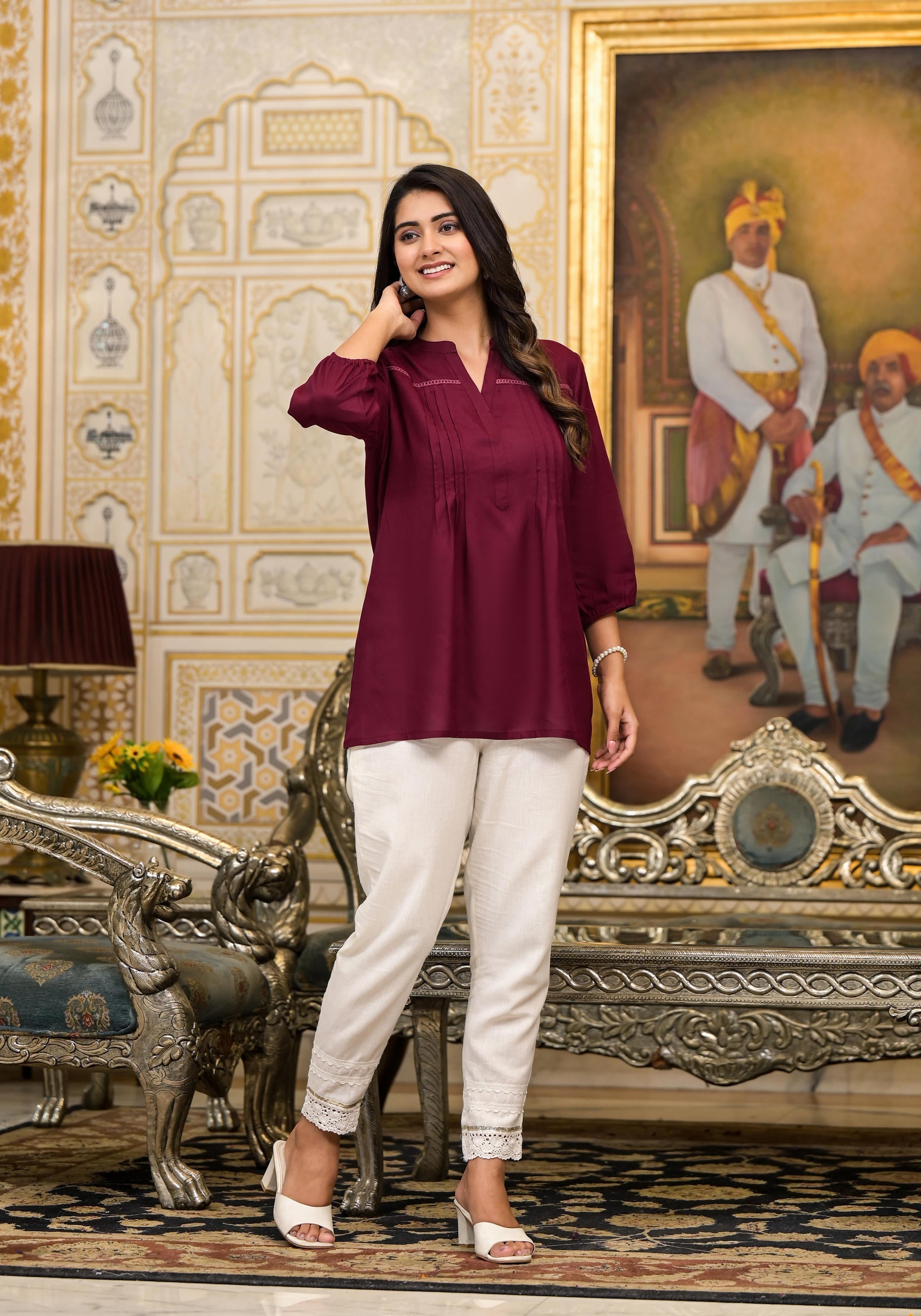 Juniper Women's Wine Solid Rayon Tunic Top With Thread Work | Grocsy