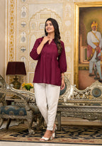 Juniper Women's Wine Solid Rayon Tunic Top With Thread Work | Grocsy