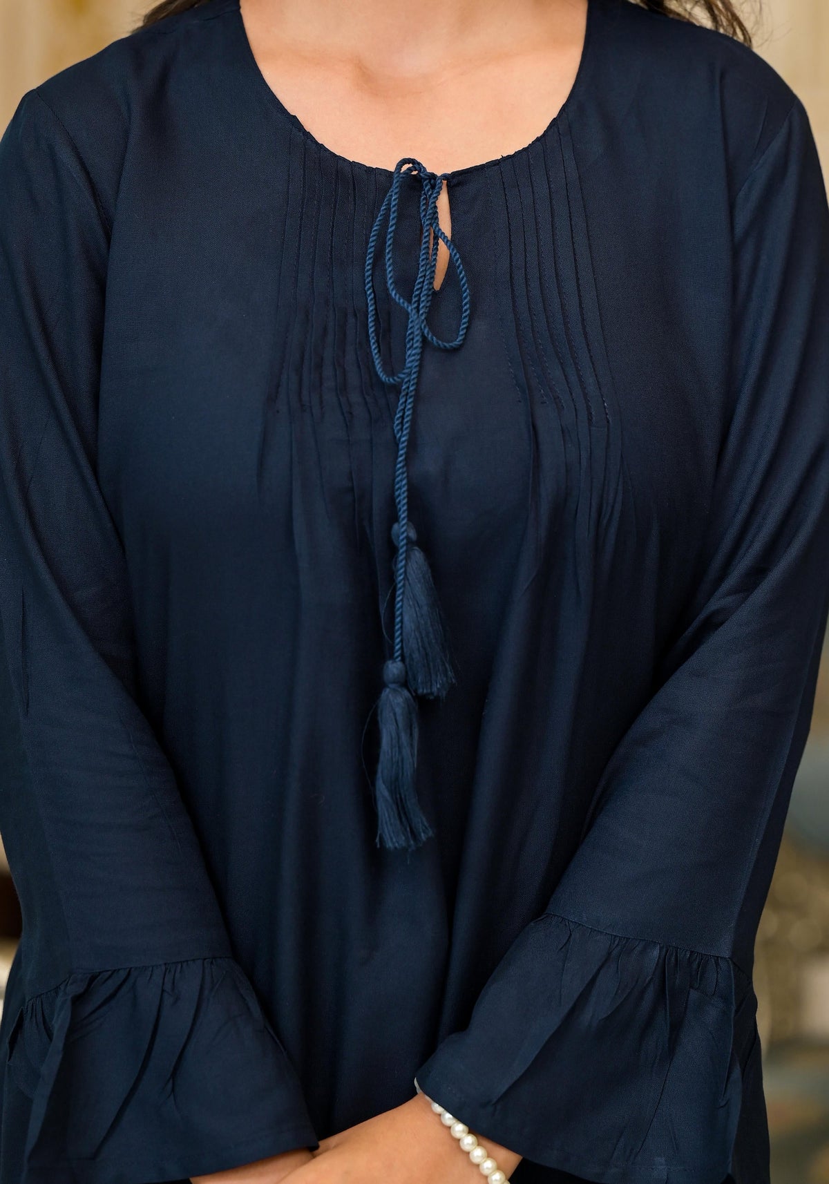 Juniper Women's Navy Blue Solid Rayon Top With Tassels &Doris | Grocsy