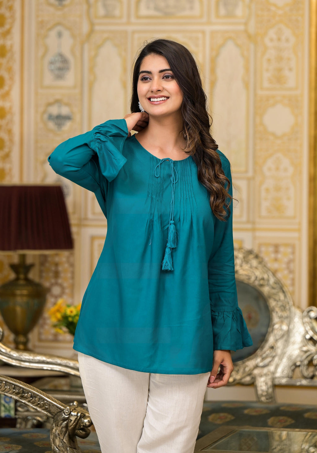 Juniper Teal Solid Rayon Top With Tassels &Doris | Grocsy