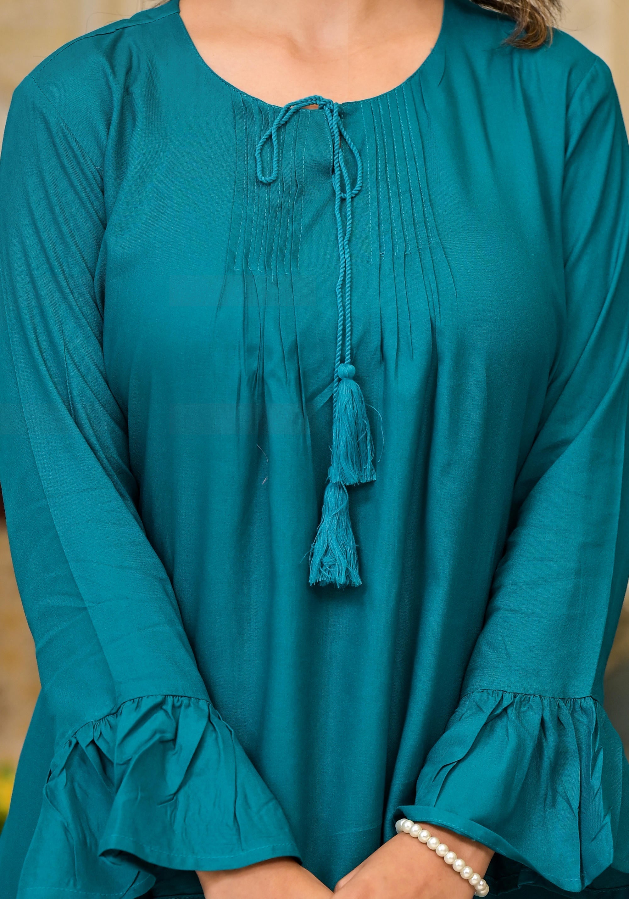 Juniper Teal Solid Rayon Top With Tassels &Doris | Grocsy