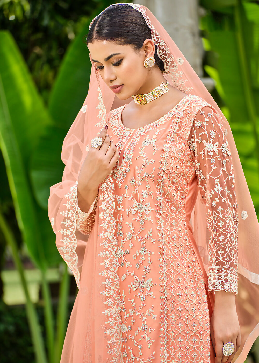 Pretty Peach Stone & Cording Work Festive Palazzo Suit - Emponline | Grocsy