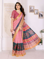 PR Fashion Orange Handloom Linen Cotton Zari Saree | Grocsy
