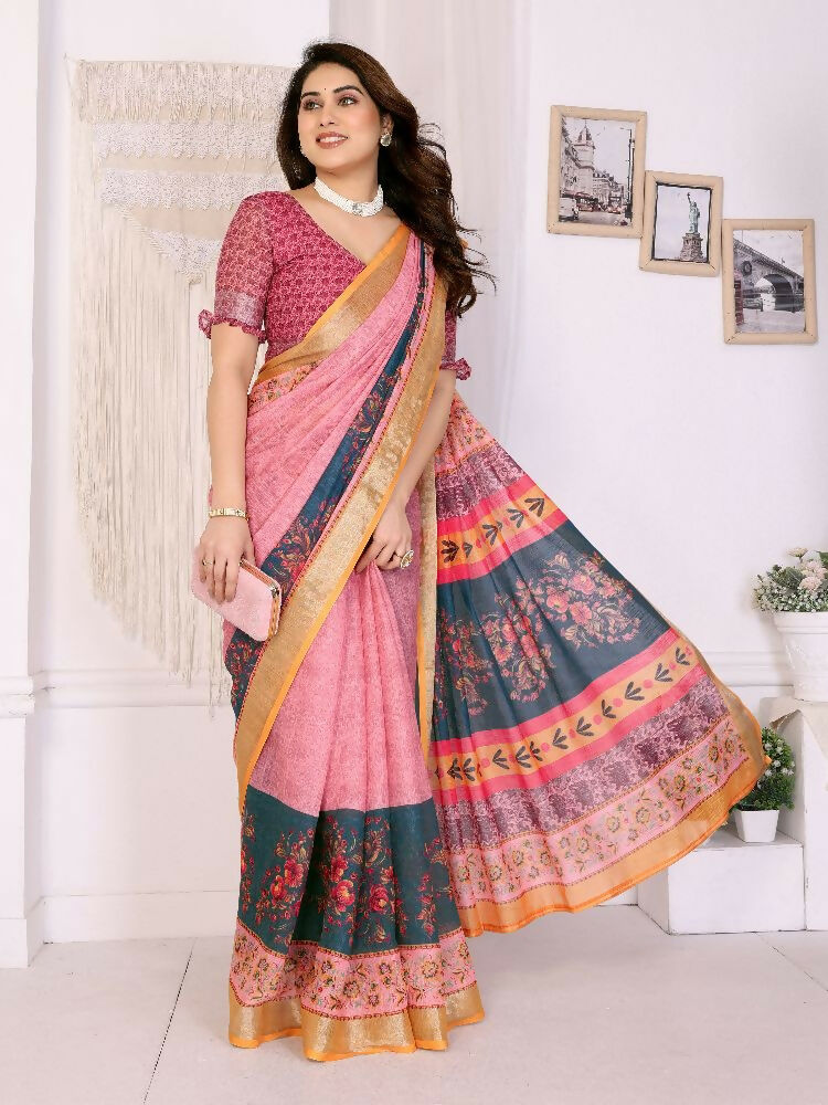 PR Fashion Orange Handloom Linen Cotton Zari Saree | Grocsy