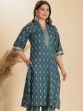 Aramya Blue Soft Cotton Block Straight Kurta for Women | Grocsy