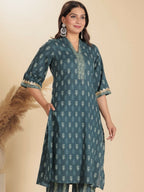 Aramya Blue Soft Cotton Block Straight Kurta for Women | Grocsy
