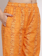 Myshka Women's Orange Cotton Printed 3/4 Sleeve Round Neck Casual Kurta Pant Dupatta Set | Grocsy
