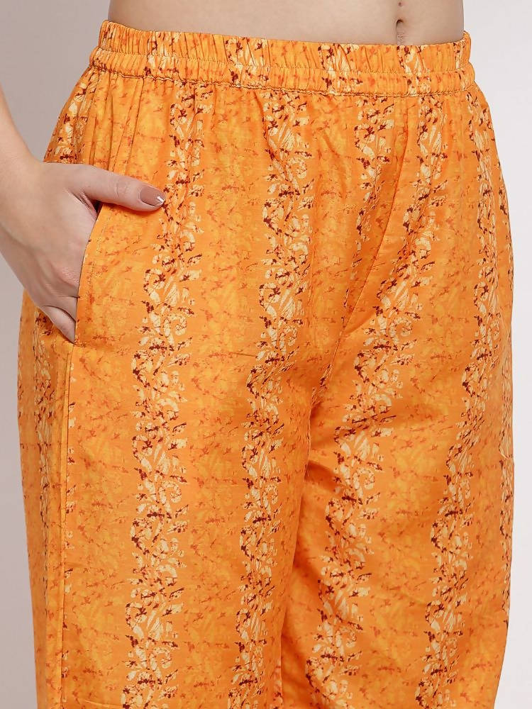 Myshka Women's Orange Cotton Printed 3/4 Sleeve Round Neck Casual Kurta Pant Dupatta Set | Grocsy