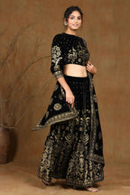 Juniper Women Black Velvet Printed Flared Lehenga Choli Sets | Grocsy