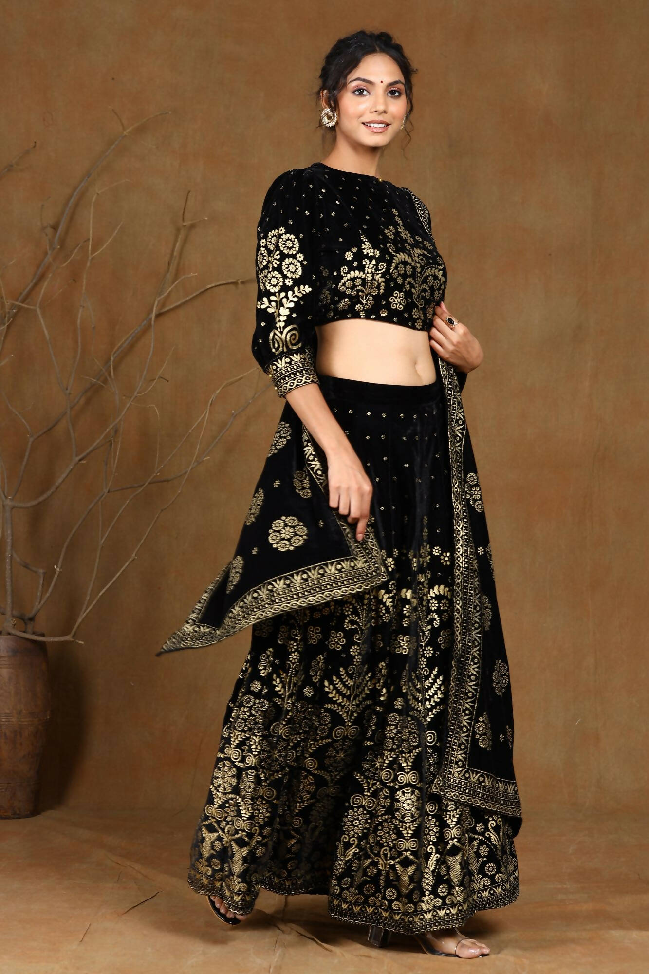 Juniper Women Black Velvet Printed Flared Lehenga Choli Sets | Grocsy