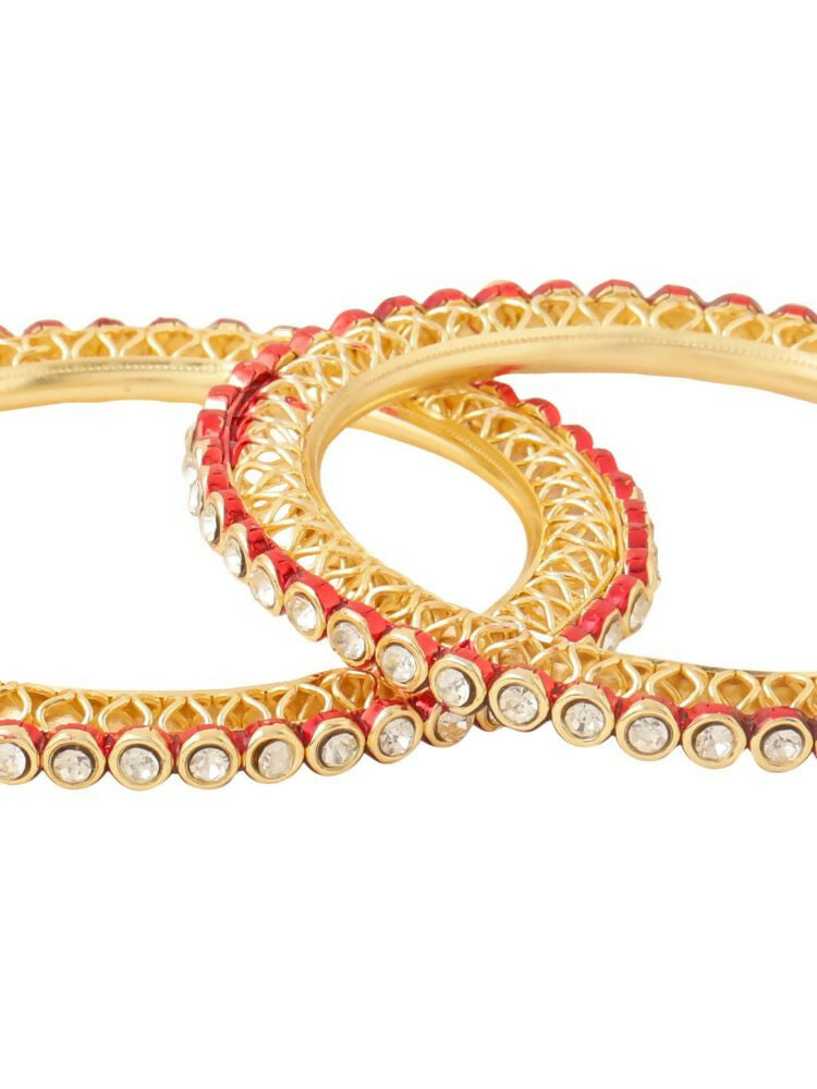 NVR Women Set of 2 Gold-Polished Red Kundan Studded Bangles