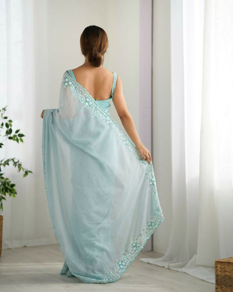 Georgette Designer Sequance Embroidery Work Party Wear Saree - Sky Blue | Grocsy