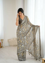 PR Fashion Grey Bright Moss Satin Patta Printed Saree | Grocsy