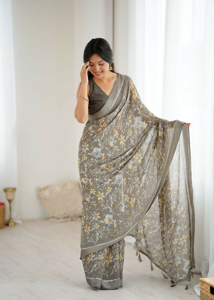 PR Fashion Grey Bright Moss Satin Patta Printed Saree | Grocsy