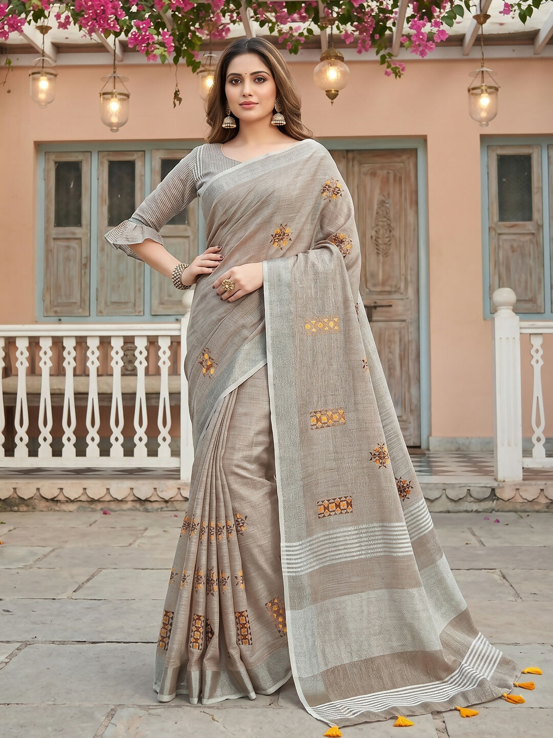 Shree Shyam Fashion Light Beige Linen Saree | Grocsy