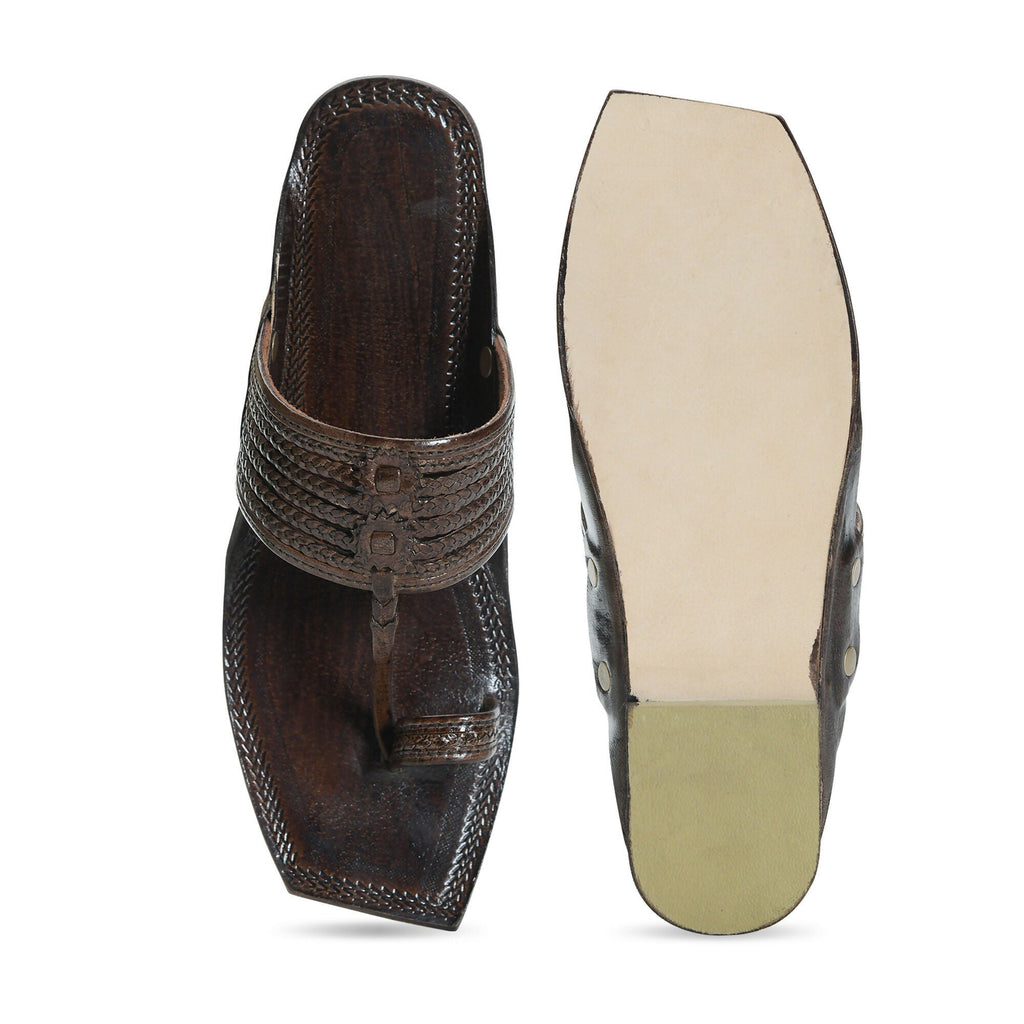 Stepsoft Men'S Brown Sqaure Toe Kolhapuri Chappal | Handcrafted Leather Slip-On Ethnic Footwear | Grocsy