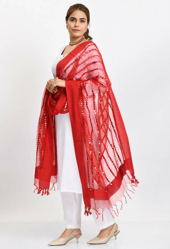 Mominos Fashion Moeza Women's Orgenza Mirror Stripe Thread Work Red Dupatta | Grocsy