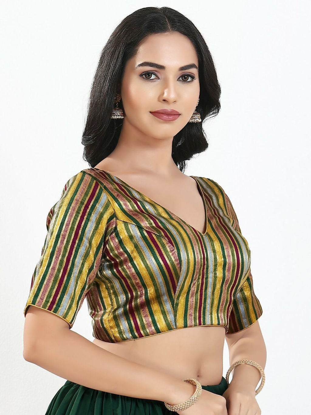 Joban Fashion Green Multi Brocade Padded Blouse With V Neck Elbow Sleeves | Grocsy