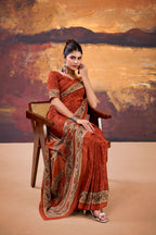 Vastranavya Orange Crepe Printed Saree with Unstitched Blouse | Grocsy