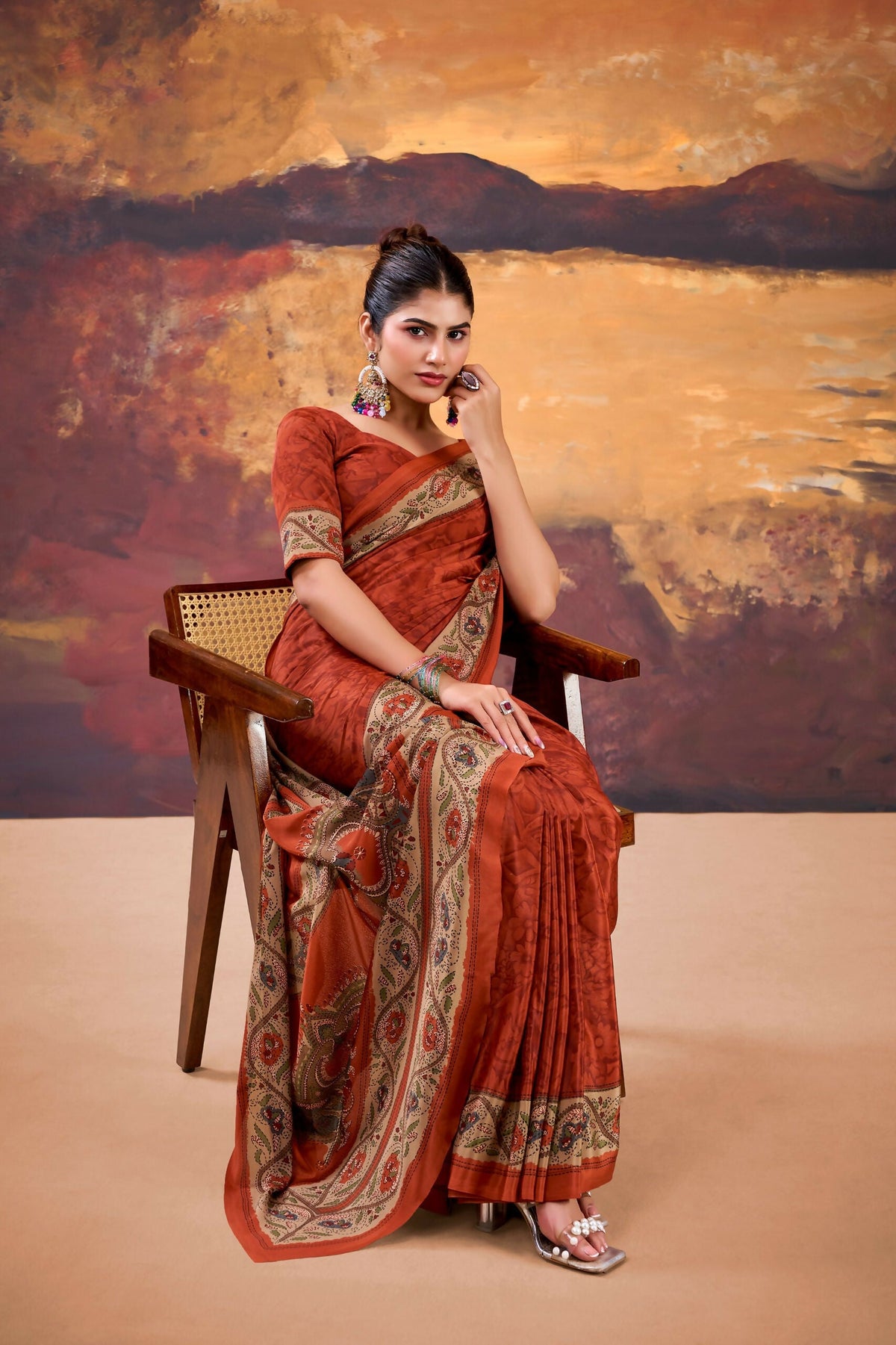 Vastranavya Orange Crepe Printed Saree with Unstitched Blouse | Grocsy