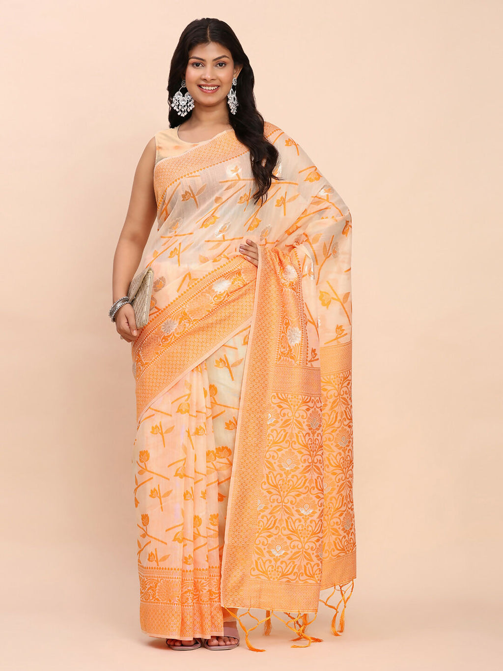 Shree Shyam Fashion Linen Cotton Orange Saree | Grocsy