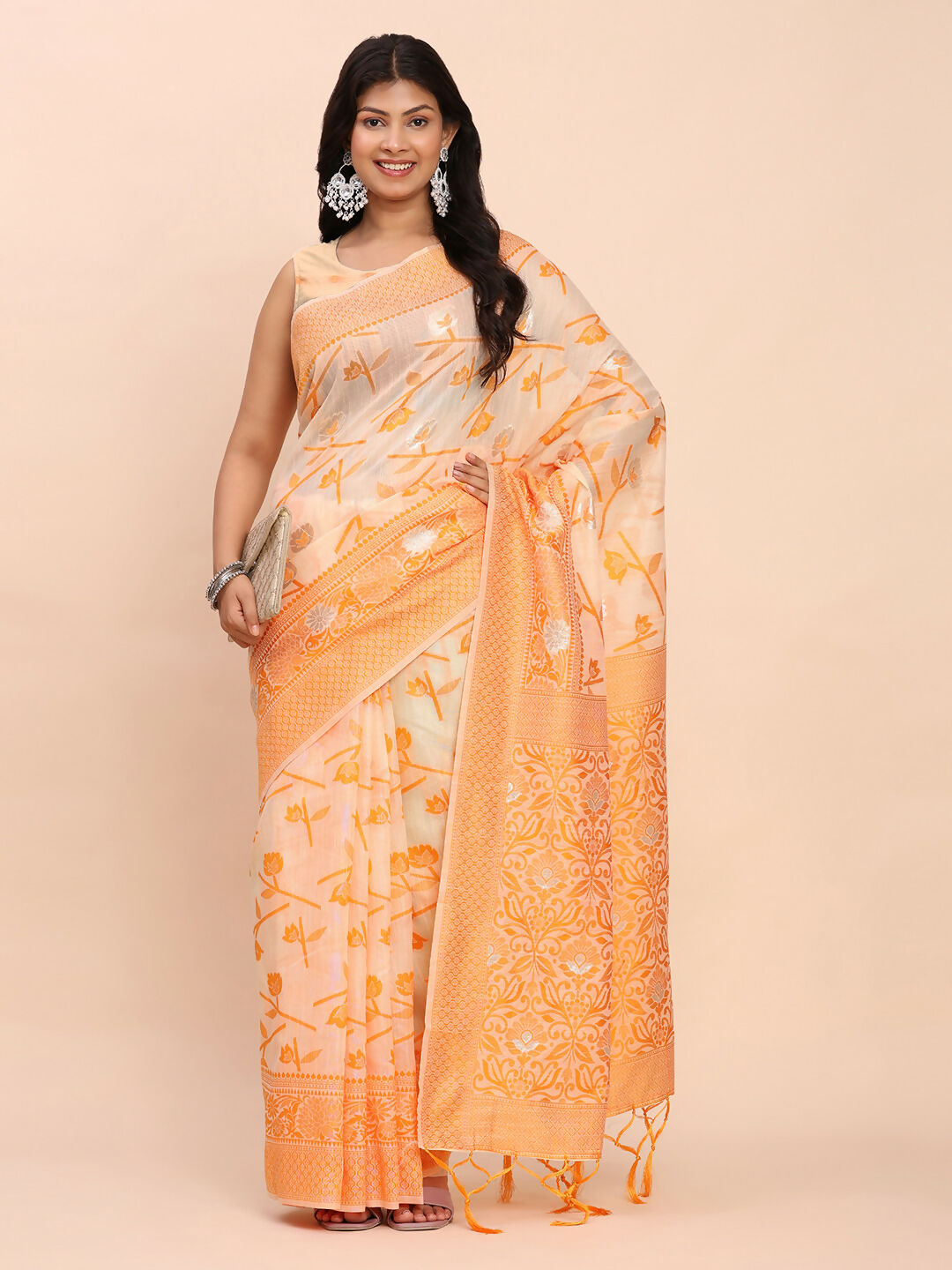 Shree Shyam Fashion Linen Cotton Orange Saree | Grocsy
