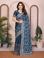 Teeya Creation New Trendy Stylish Party Wear Silk Saree-Blue | Grocsy