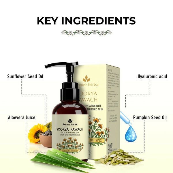 Avimee Herbal Soorya Kawach SPF 50 PA++++ Hyaluronic Acid Sunscreen Lotion | Grocsy