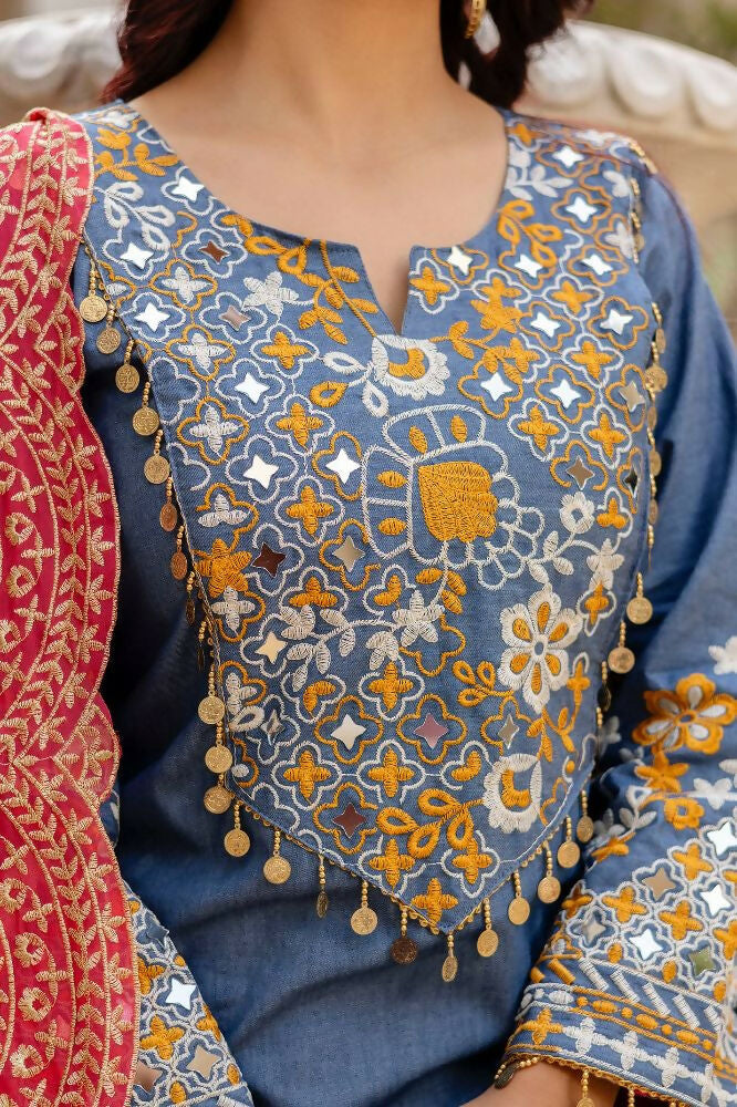 Teeya Creation Blue Color Cotton Denim Party Wear Real Mirror Work kurti | Grocsy
