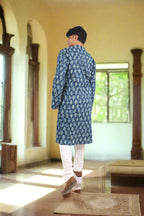 Souchii Men's Ethnic Printed Pure Cotton Kurta – Indigo Leaf Motif | Grocsy